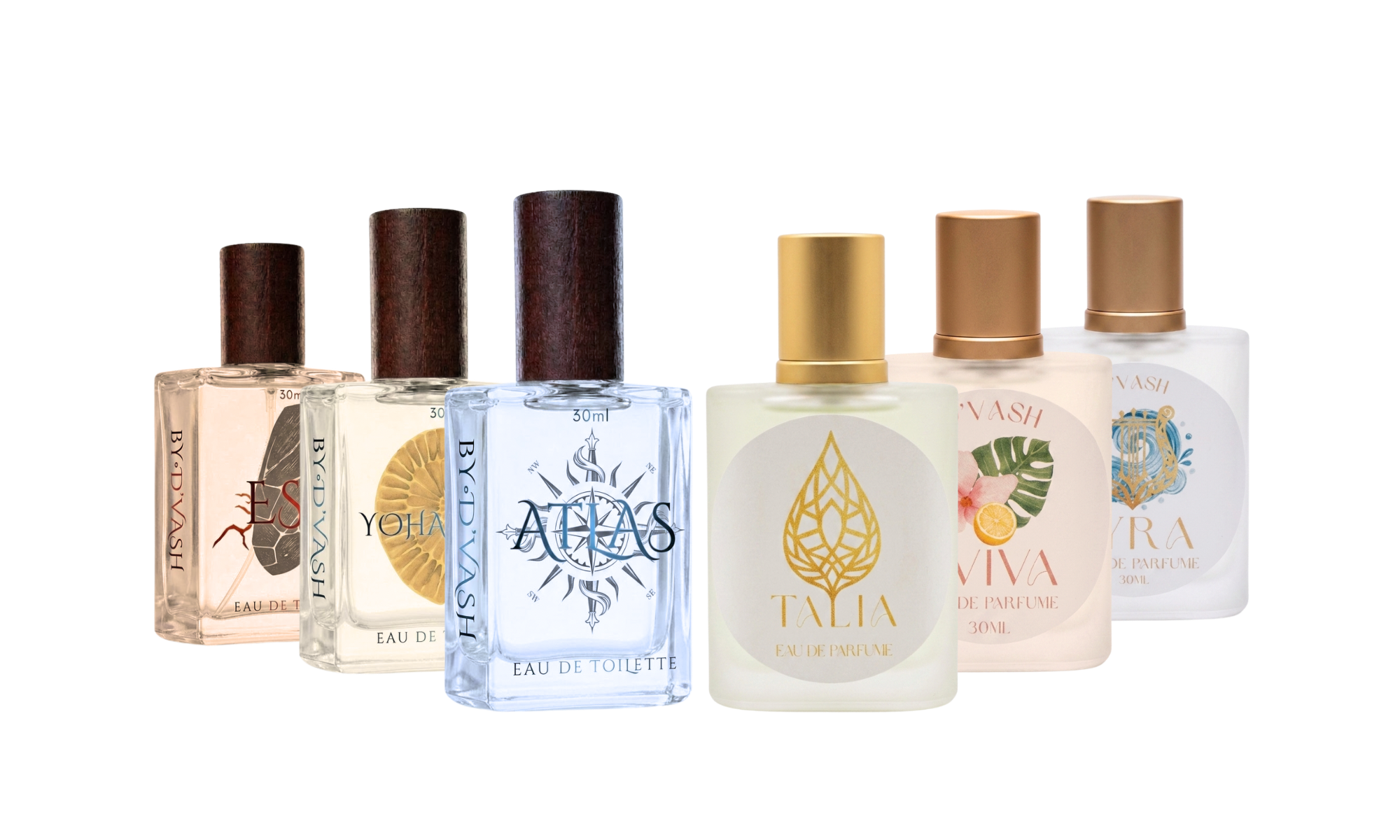 The full D’vash fragrance lineup — Esh, Yohannes, Talia, Atlas, Samson, Yiva and Lyra